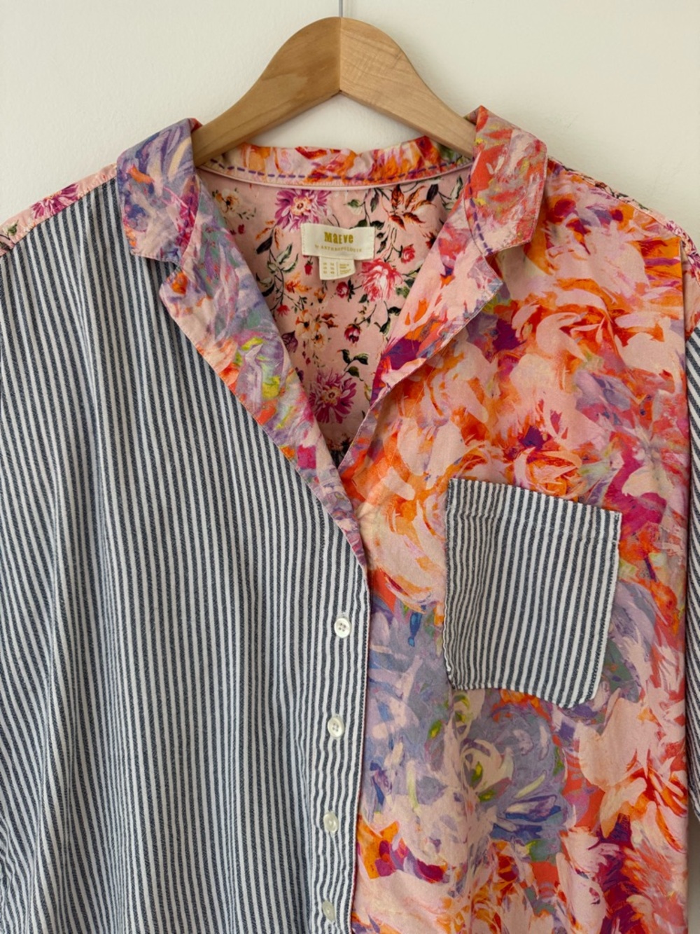 Maeve by Anthropologie The Clarissa High Low Button Down Stripe Floral Top Sz 14 - Picture 2 of 15